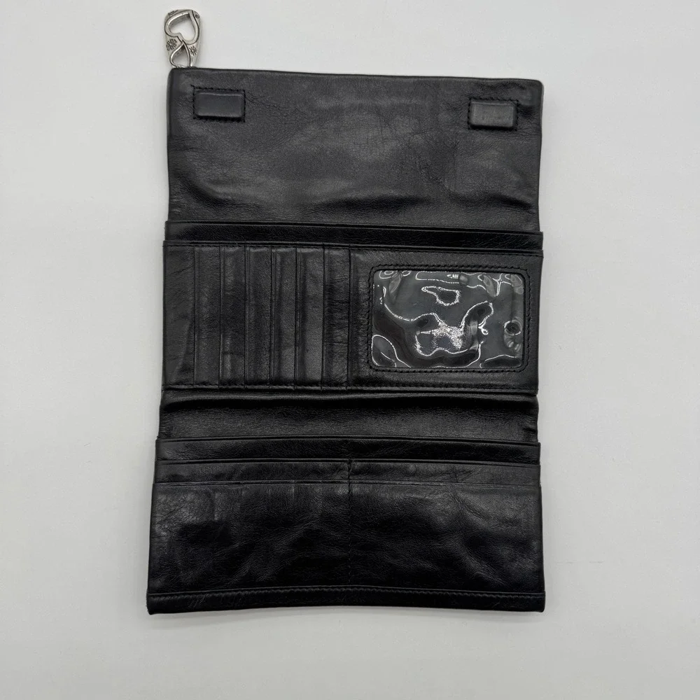 Brighton Black‎ Leather Trifold Wallet Clutch with Heart Charm Floral Detail